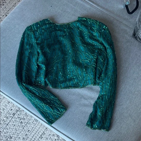 Laurence Kazar Vintage Silk Green Sequined Women's Cropped Jacket size S 💖 - Picture 5 of 6